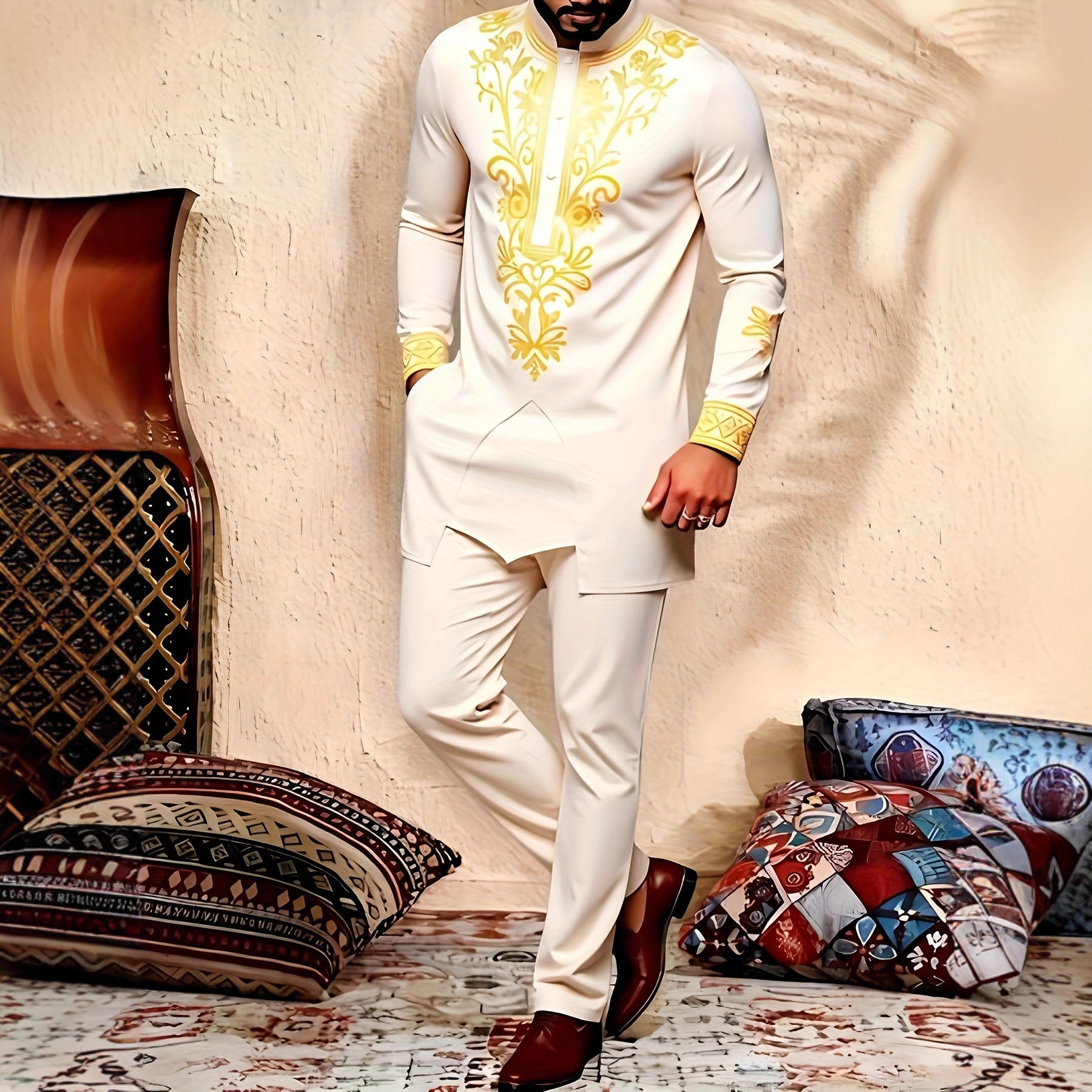 传统外贸非洲风格男士结婚新西装2件套圆领长袖上衣加裤子外贸
