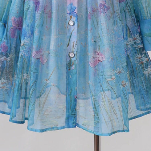 French Romantic Gradient Print Dress Long Sleeve Button Closure Waist Tie Elegant Style Summer Wear Wholesale