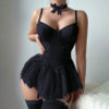 Cross-border pure desire body-shaping jumpsuit suspenders suit sexy lingerie sexy mesh bow suspenders lace skirt