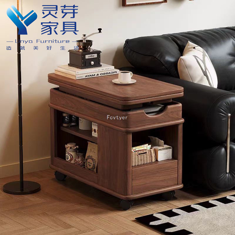 Solid Wood Trolley, Movable Side Table, Sofa Side Cabinet, Lift, Storage, Multi-Functional Wheeled Coffee Table, Tea Table