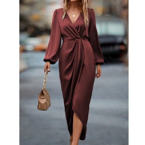 Fashionable Solid Color V Neck Long Sleeve Dress for Women Waist Defining Split Hem Elegant Style Perfect for Parties