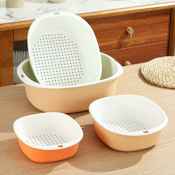 Fashionable Double-layer Vegetable Washing Basket Kitchen Water Filter Vegetable Washing Water Fruit and Vegetable Basin Household Plastic Living Room Nut Basket