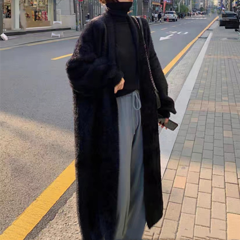 秋冬过膝仿水貂绒针织开衫女韩版宽松中长款慵懒风软糯毛衣外套女