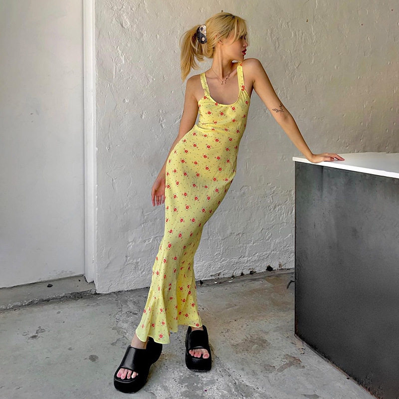 Summer Floral Print Maxi Dress Sweet Fresh Spaghetti Strap Mermaid Hem Milk Silk Fabric Beachwear Wholesale