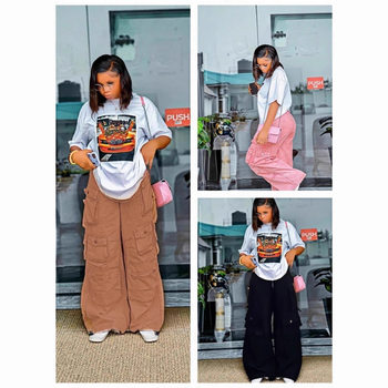 2025 Ready-Made New Hip-Hop Slimming Loose Casual Wide-Leg Cargo Pants and Heat-Printed Tops Two-Piece Set