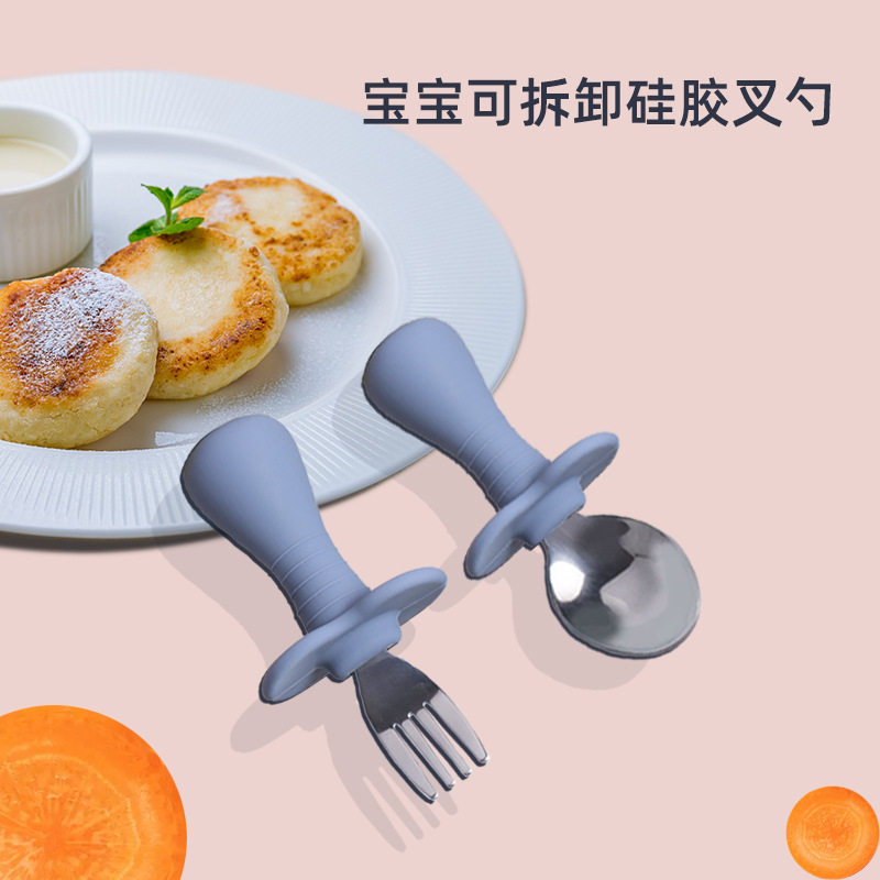 Baby Silicone Fork Spoon Children's Stainless Steel Training Short Fork Spoon Children's Tableware Set Portable Short Handle Fork Spoon