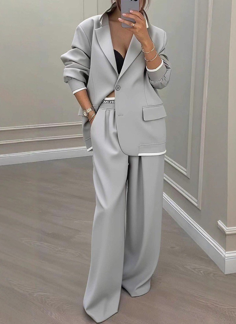 Womens Suit Set Elegant Long Sleeve Jacket Relaxed Wide Leg Pants Fall Winter Fashion Wholesale Available