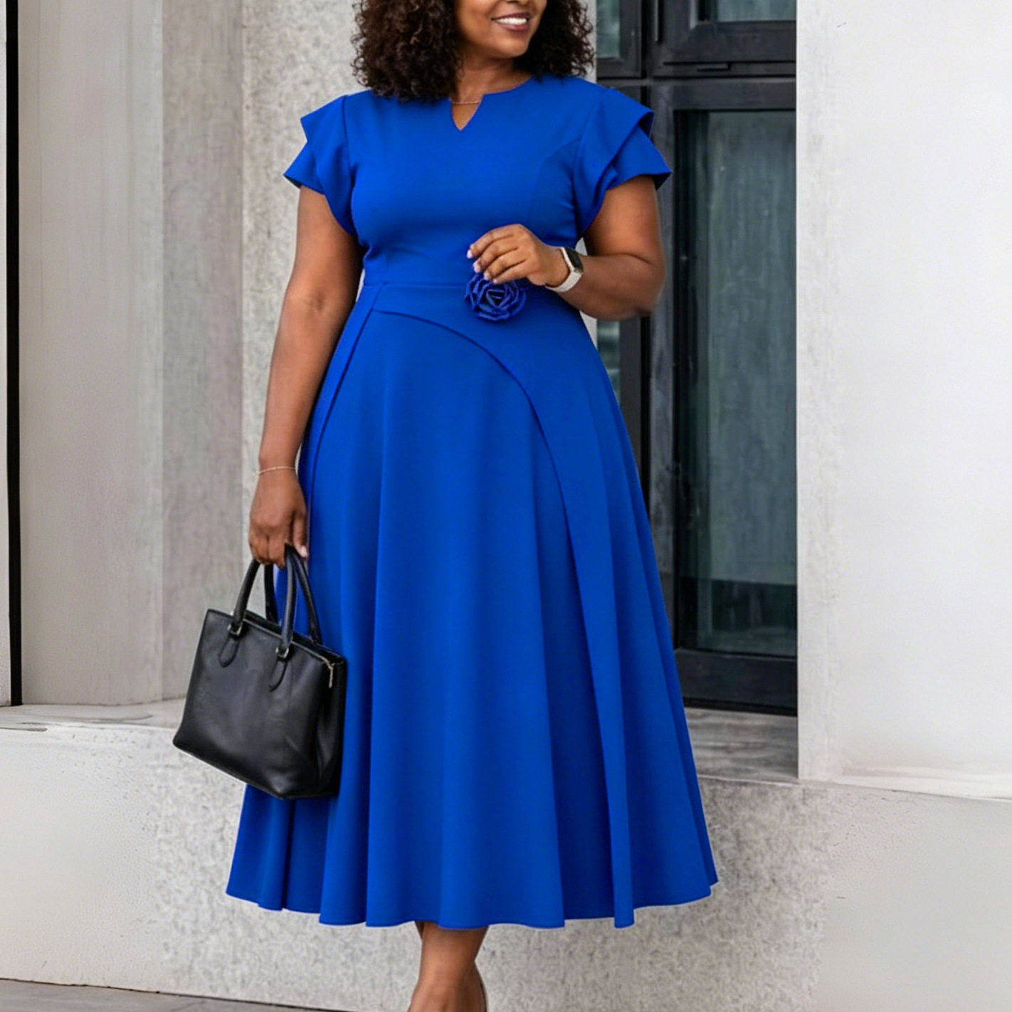 Plus Size Elegant Midi Dress High Waist Flared Skirt African Print Summer Fashion for Women Wholesale Available
