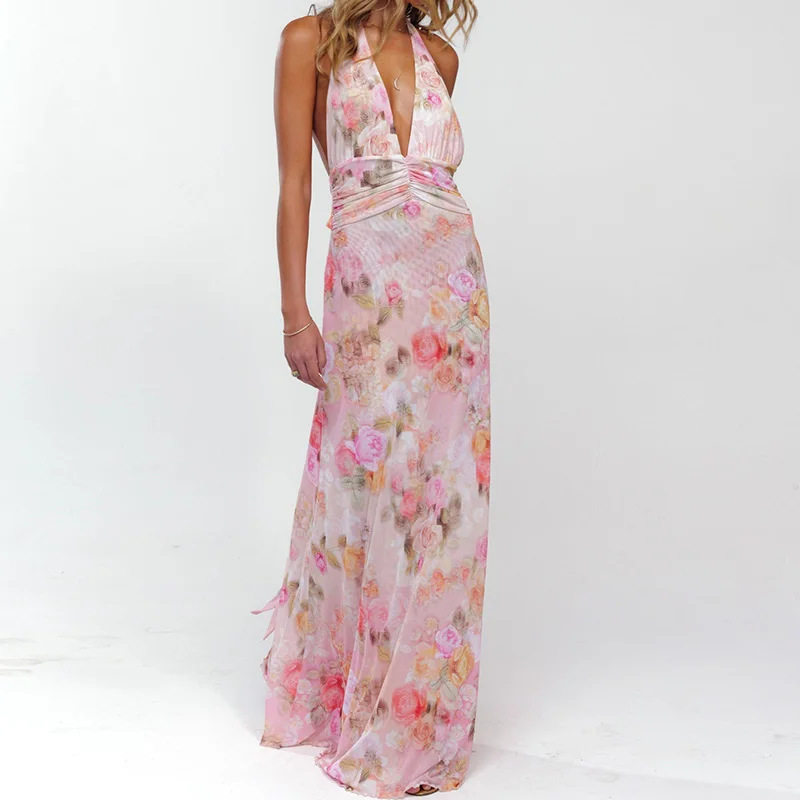 Summer Long Dress Womens Fashion Polka Dot V Neck Casual Vacation Style Wholesale Available