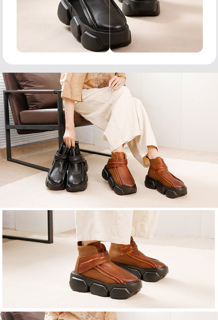 Boot nữ cổ thấp da bò thật đế dày phong cách cổ điển — Màu đen, Màu nâu đậm