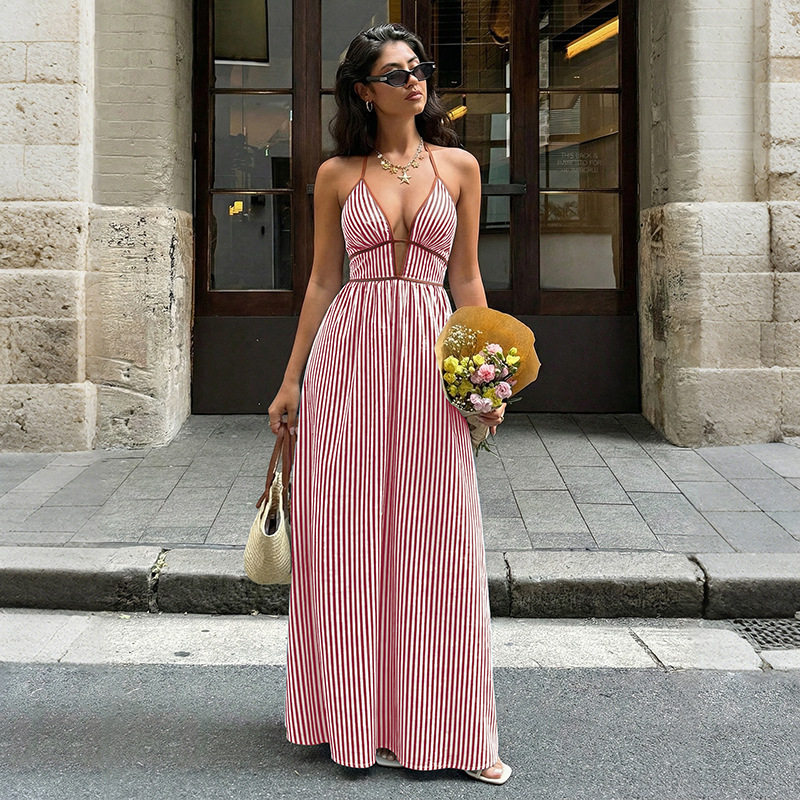 V Neck Striped Backless Dress Fresh Vacation Style Lightweight Fabric Summer Wear Wholesale Available