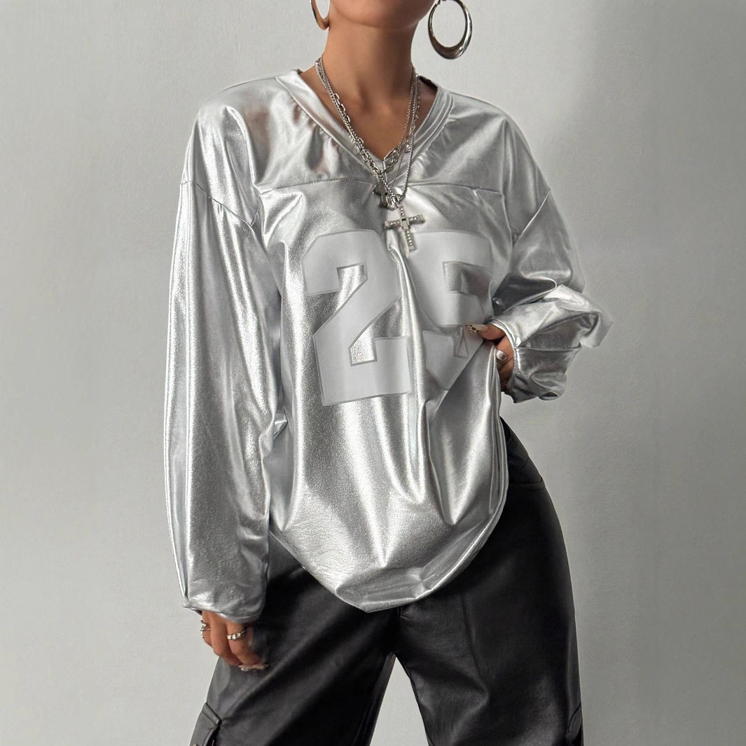Womens Casual Long Sleeve V Neck Top Letter Print Street Style Trendy Design Perfect for Everyday Wear Wholesale