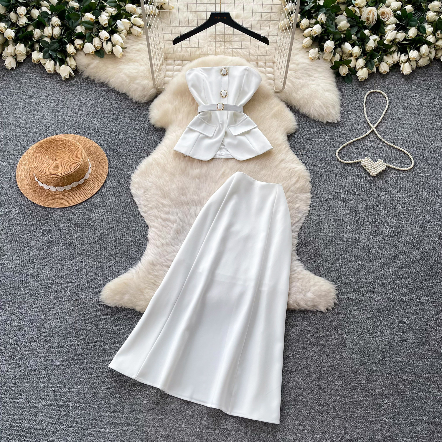 Elegant White Strapless Crop Top and Fitted Midi Skirt Set Summer Office Wear Slimming Chic Style Wholesale Available