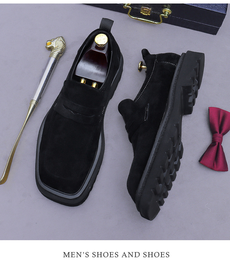 Giày loafer nam da bò lộn đế dày mũi vuông phong cách công sở — đen, màu nâu mocha