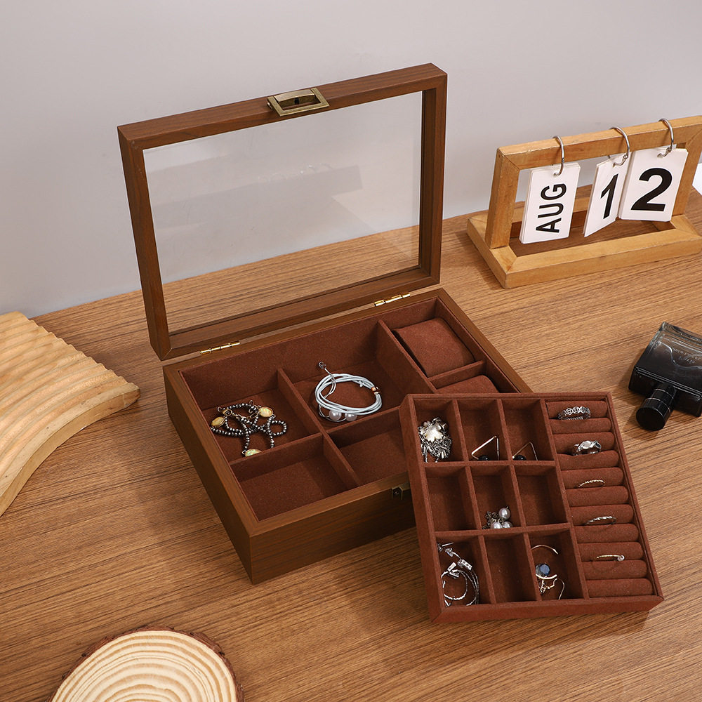Spot Wooden Watch Jewelry Storage Box Cross-Border Wholesale Window-Opening Black Walnut Watch Box Dust-Proof with Lock High-End Gift