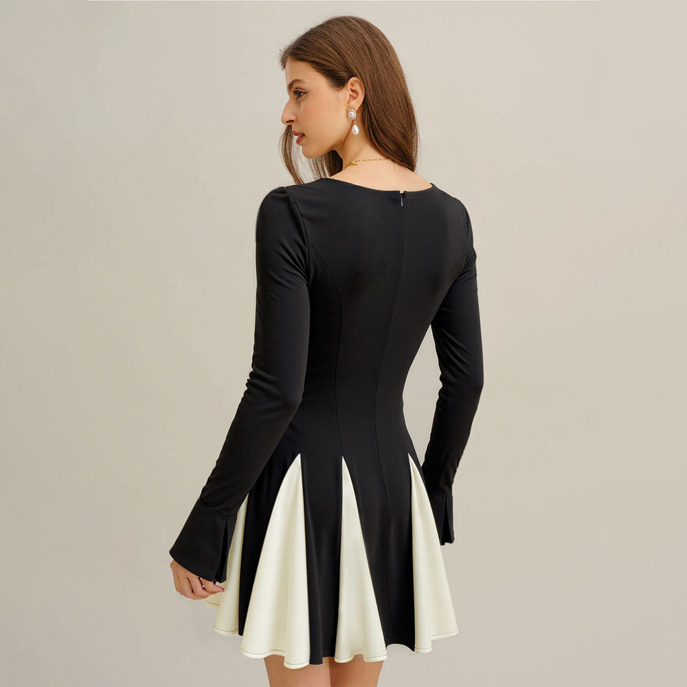 Black and White Color Block Short Dress Square Neck Long Sleeve High Waist A Line Hem Chic Casual Wear for Women