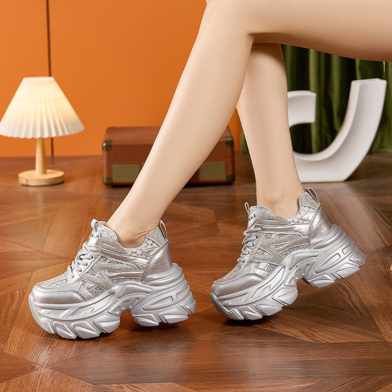 Giày sneaker nữ đế dày chunky phong cách thể thao, tăng chiều cao, đế cao 8 cm — Trắng, Bạc
