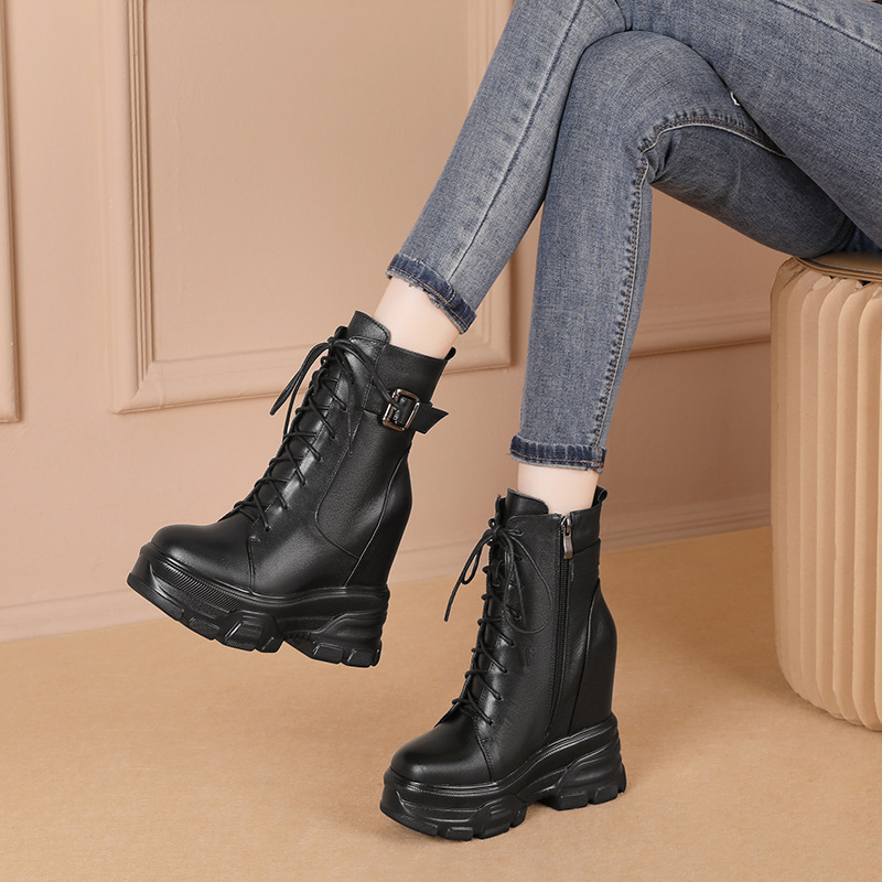 Giày Boot Cổ Thấp Nữ Tăng Chiều Cao Đế Cao Hàng Mùa Xuân Thu Đông