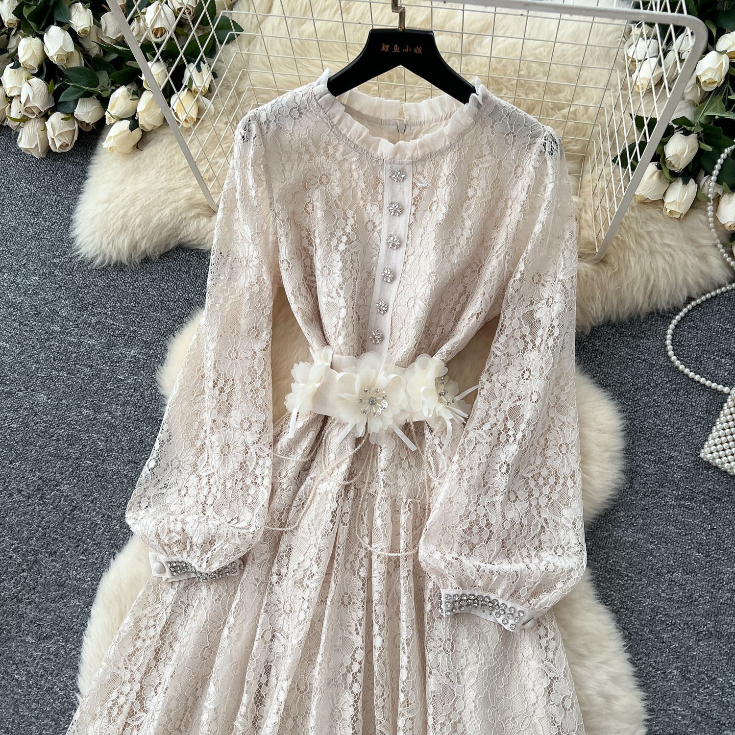 Elegant Summer Long Dress for Women Puff Sleeve Lace Rhinestone Detailing Sheer Fabric Perfect for Parties and
