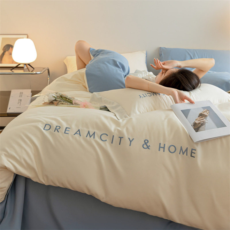 New washing and sanding four-piece set solid color washing cotton quilt cover sheet bed hat four-season bedding kit wholesale