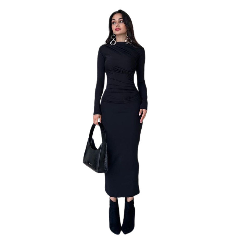 Womens Spring Dress Fashionable Solid Color Long Sleeve Slim Fit Round Neck Perfect for Casual or Formal Occasions