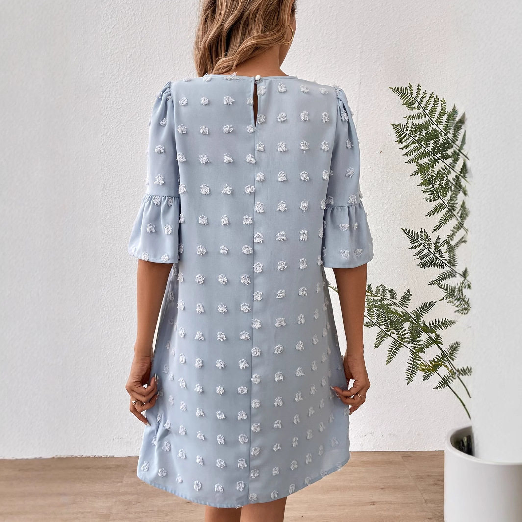 Chiffon Dress for Women Solid Color Short Sleeve Pom Detail Casual Summer Wear Wholesale Available