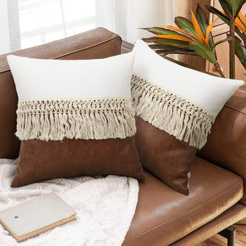 New Nordic Style Light Luxury ins Style Pillowcase Bohemian Tassel Back Pillow pu Stitching Sofa Back Cushion Waist Pillow