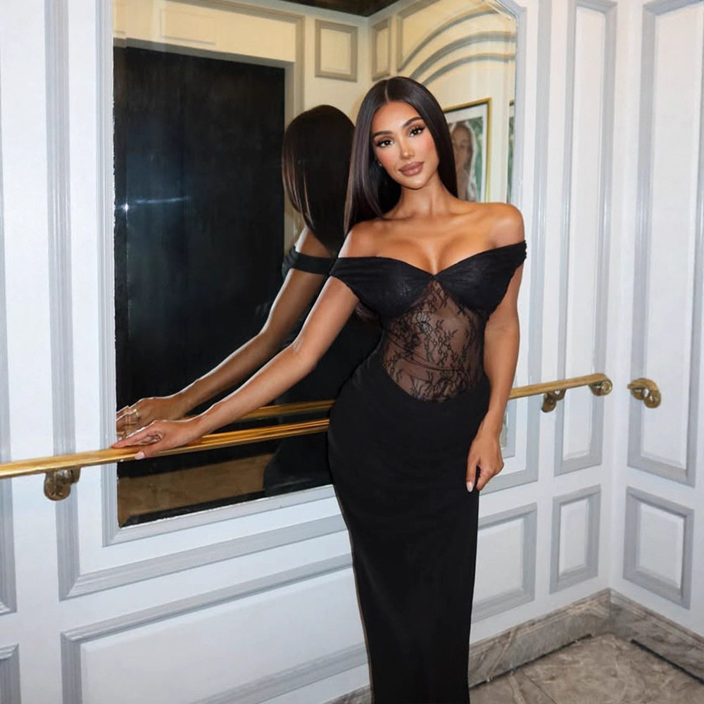 Black Lace Panel Bodycon Dress Off Shoulder Slim Fit Elegant Style Perfect for Parties and Special Occasions