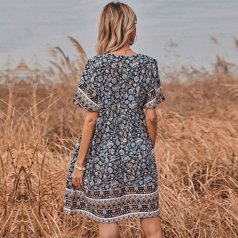 Geometric Floral Print Dress Round Neck Short Sleeve Summer Style Perfect for Casual Outings Wholesale Available