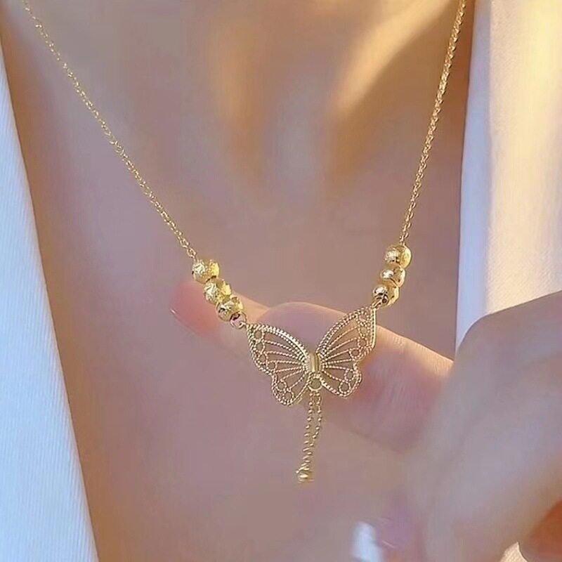Butterfly Super Fairy Tassel Necklace Women's Pendant 2023 New Non-Fading Titanium Steel Clavicle Chain Wufu Transfer Beads