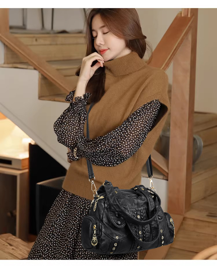 Túi tote nữ da mềm đáy rộng đựng nhiều đồ, có quai đeo chéo — màu đen, màu vàng