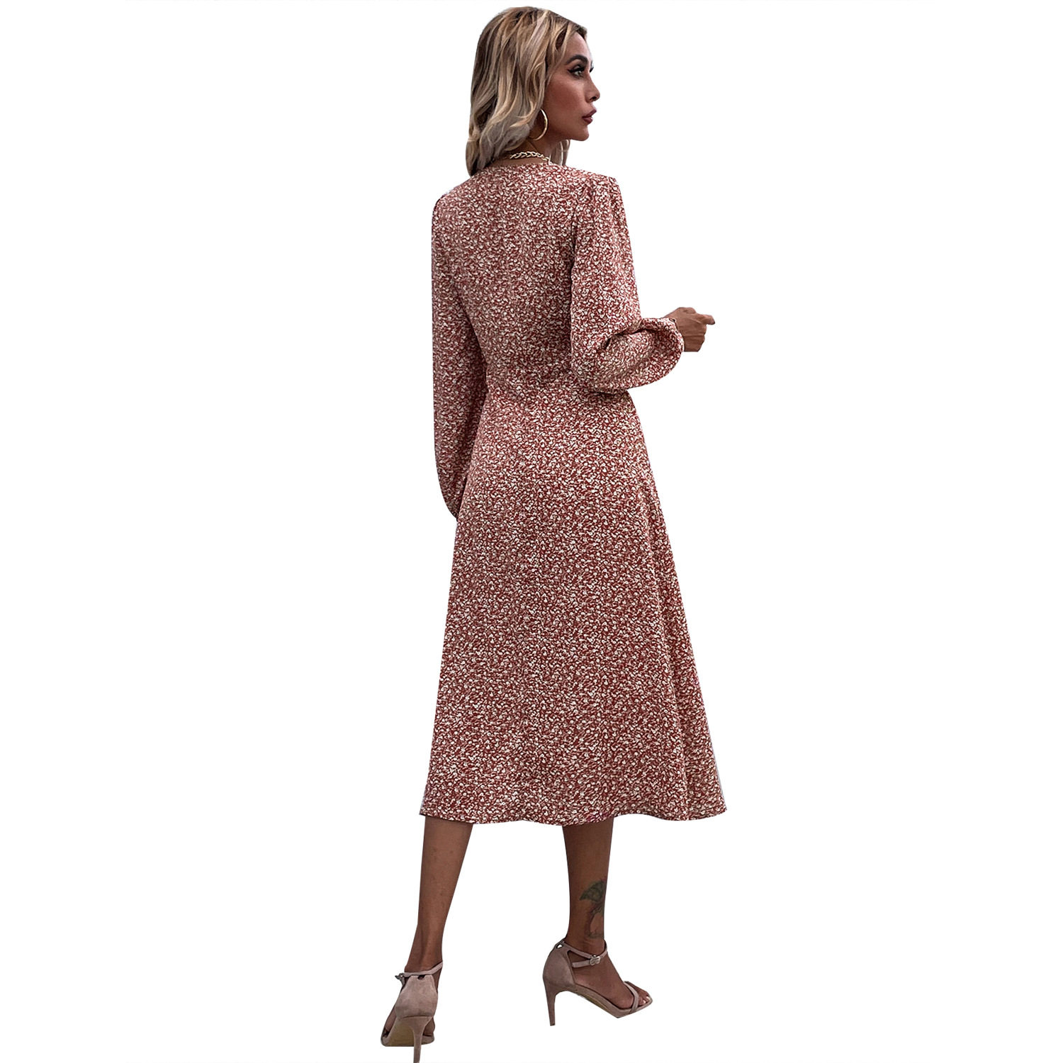 Floral V Neck Long Sleeve Dress Slim Fit Mid Length Elegant Style Perfect for Spring and Summer Events Wholesale