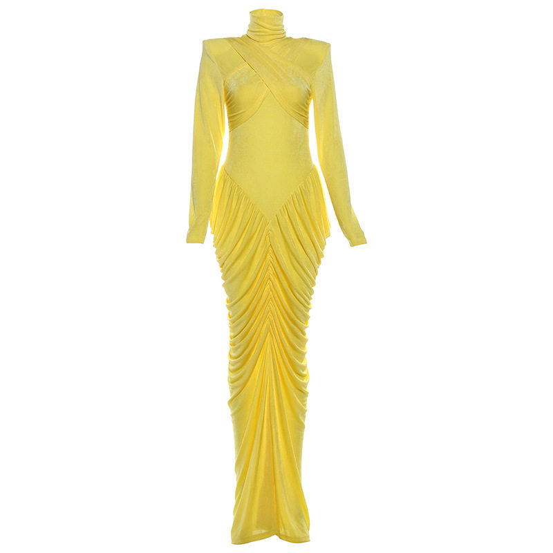 High Neck Long Sleeve Bodycon Dress Solid Color Ruffled Design Elegant Style Autumn Winter Fashion Wholesale