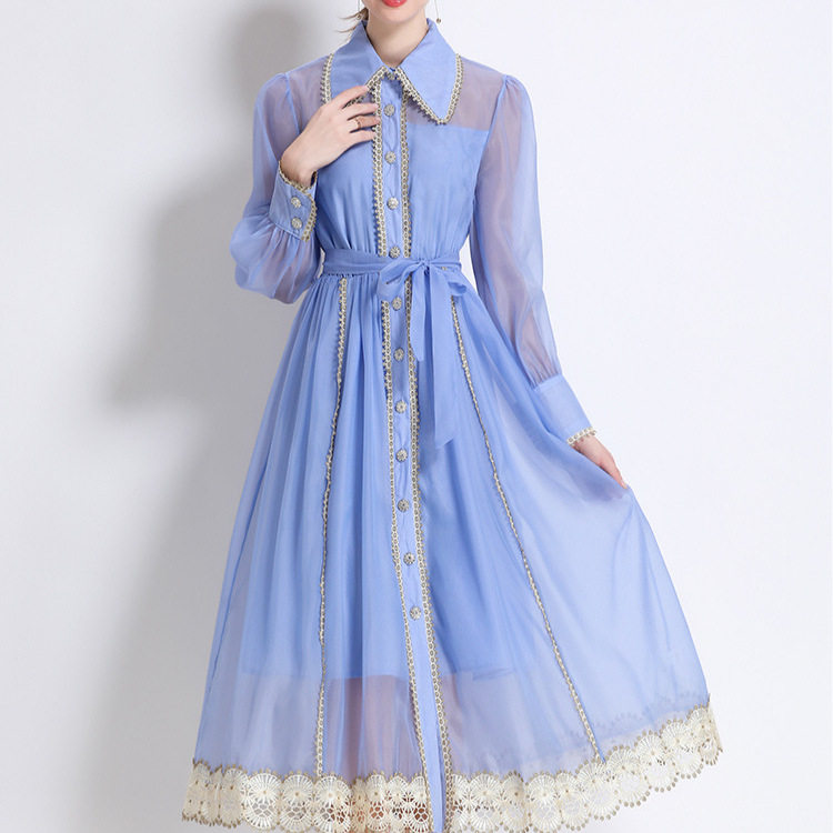 French Elegant Lace Panel Lantern Sleeve Dress Hollow Out Single Breasted Waist Defining Perfect for Formal Occasions