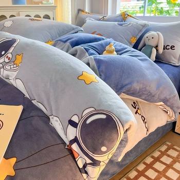 Winter Milk Velvet Bed Four-Piece Set Fleece-Lined Thickeneded Three-Piece Set Coral Velvet Bed Bed Sheets Quilt Cover Kidsren Cartoon Boy