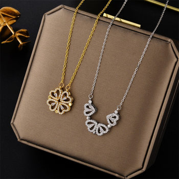 A Multi-Wear Heart Four-Leaf Clover Necklace with Diamonds and Small Hearts for Women to Give to Their Girlfriends, Titanium Steel Clavicle Chain, Elegant Gift