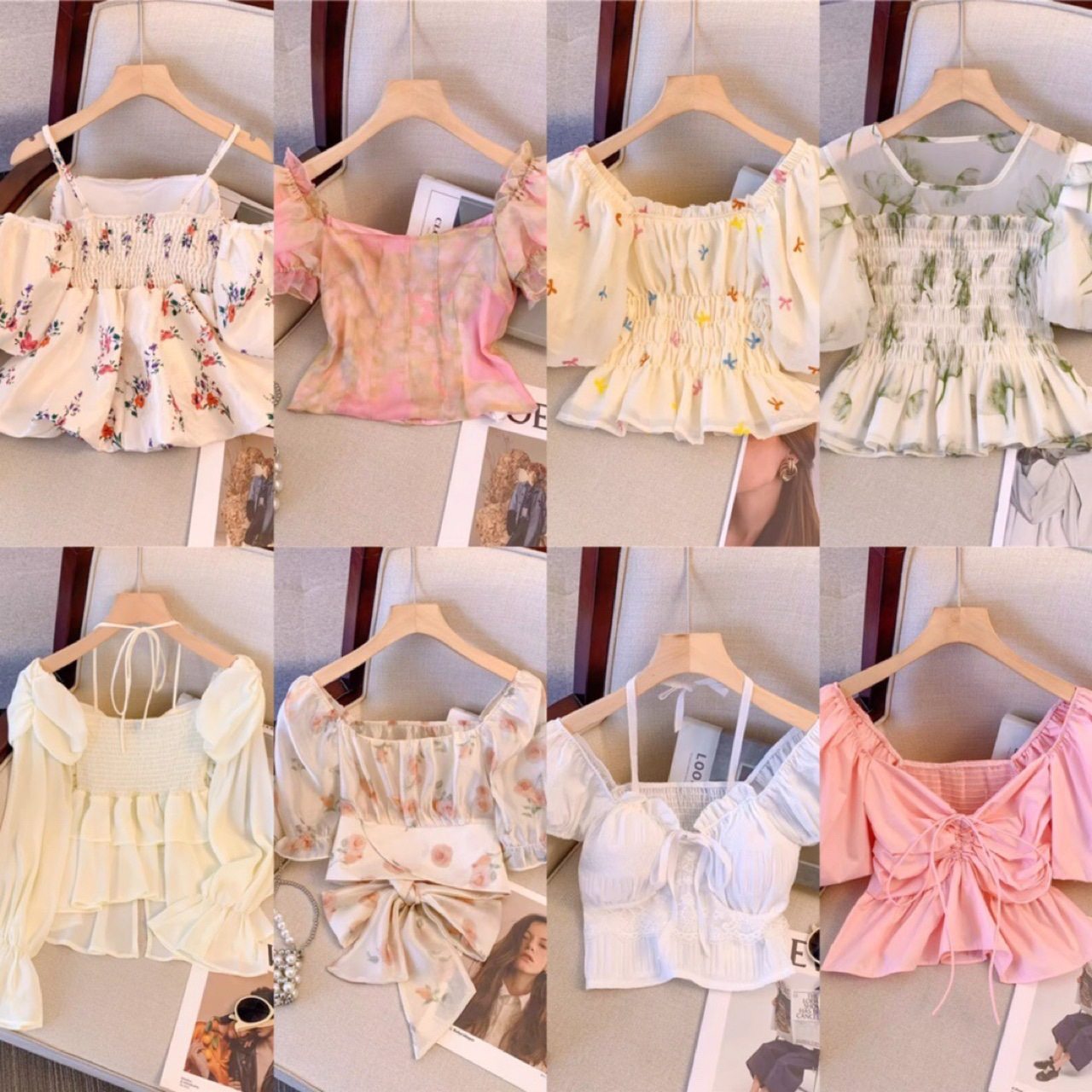 2024 Summer Short Sleeve Women's Summer Niche Chic Waist Short Sweet Puff Sleeve Square Neck Chiffon Top