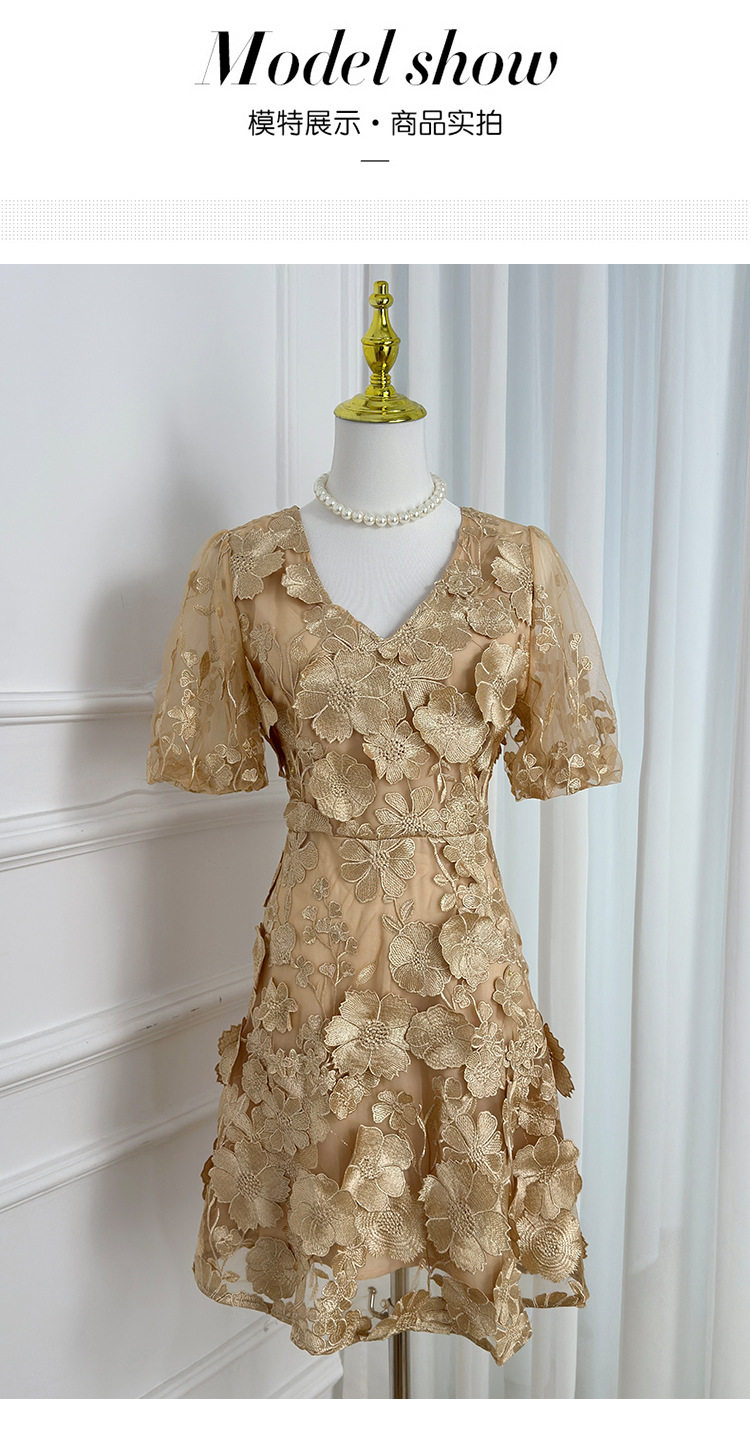 Summer V Neck Puff Sleeve Dress Handcrafted 3D Embroidery Solid Color Elegant A Line Silhouette Perfect for Parties