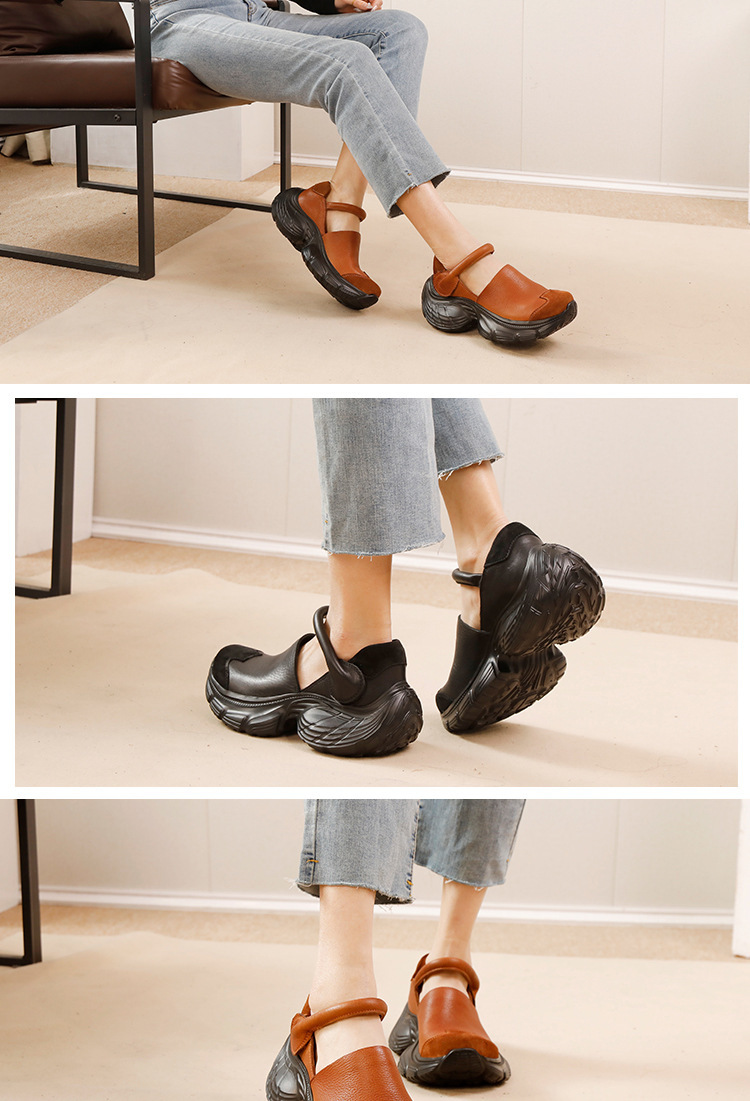 Giày sneaker nữ da bò thật đế dày phong cách thể thao — Màu đen, Màu nâu nhạt