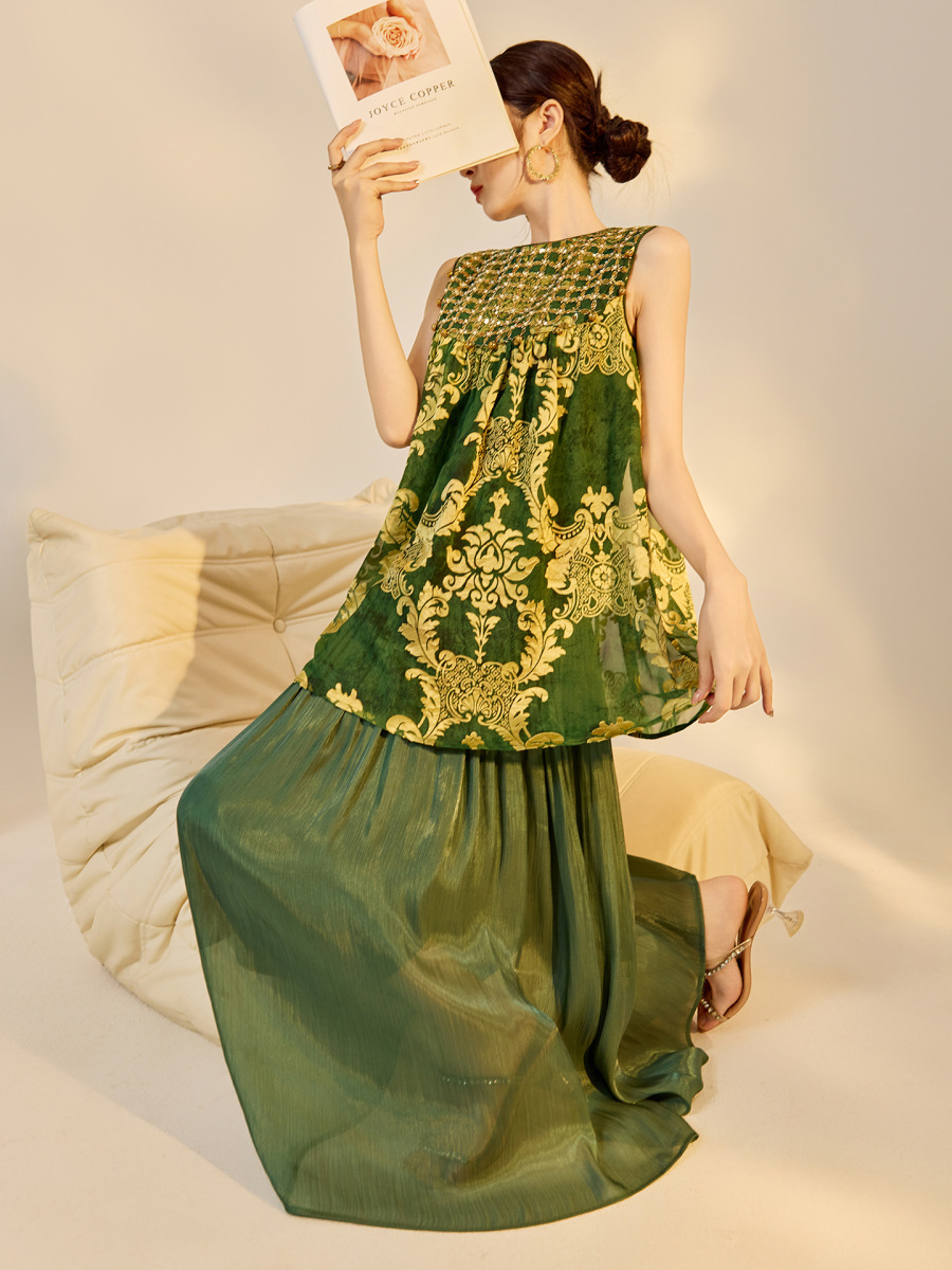 Đầm maxi nữ dài không tay cổ tròn đính cườm thêu hoa dáng tiên nữ — màu vàng kim, Xanh lá cây