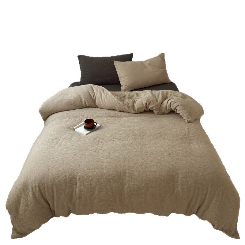 Pure Cotton Wrinkled Yarn Four-Piece Bed Bed Sheets Quilt Cover Bed Bed Sheets Pure Cotton Pure Color Simple Japanese Style Unprinted Style Dormitory Three-Piece Set