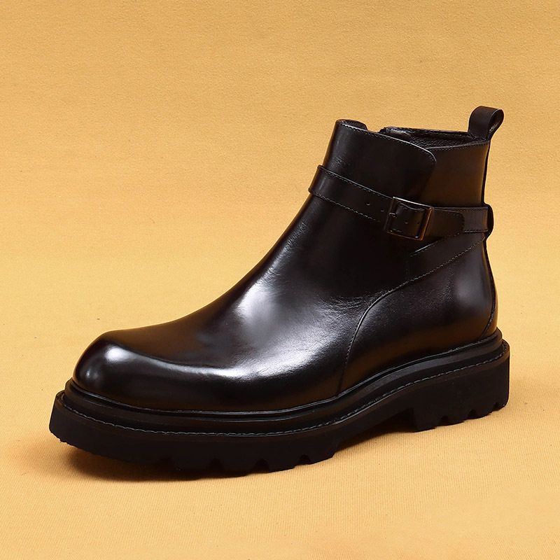 Boot Chelsea Nam Da Bò Mũi Tròn Chiều Cao Đế Khoảng 4cm Màu Đen