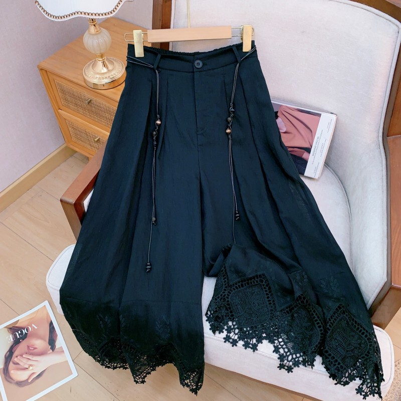 Quần váy nữ lưng cao dáng rộng phối dây buộc, chất liệu tencel thoáng mát — Đen tuyền, Màu trắng ngà