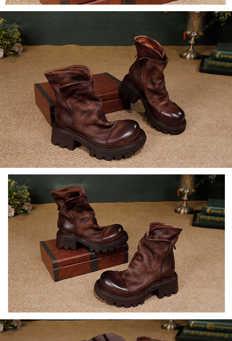 Boot nữ cổ ngắn da bò thật phong cách cổ điển — màu cà phê