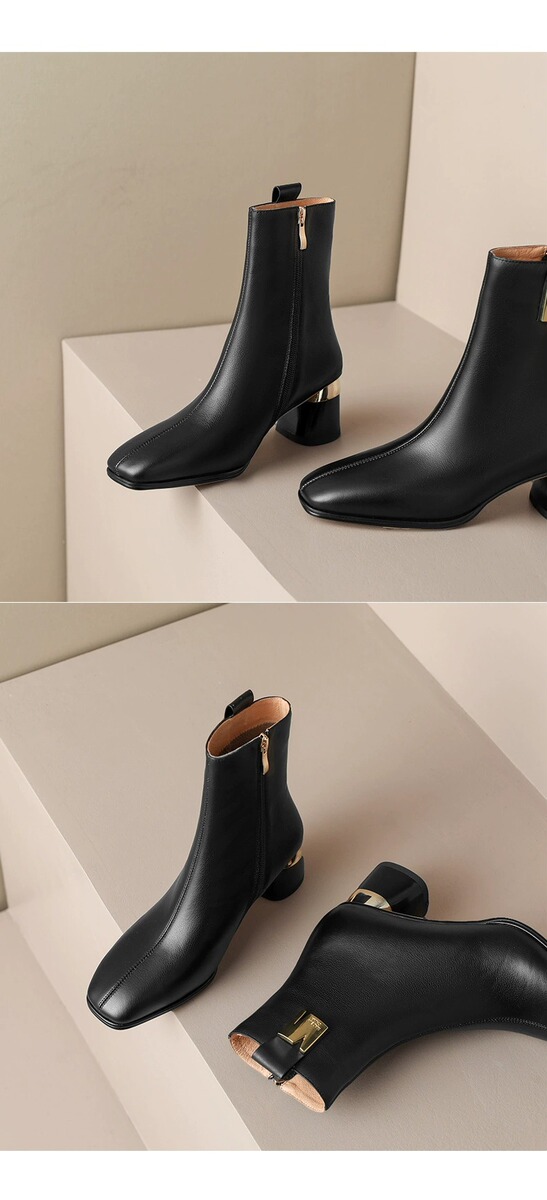 Boot nữ cổ vừa gót thô phong cách cổ điển, mũi tròn, khóa kéo bên, phối đồ dễ dàng — Màu đen, Màu kaki