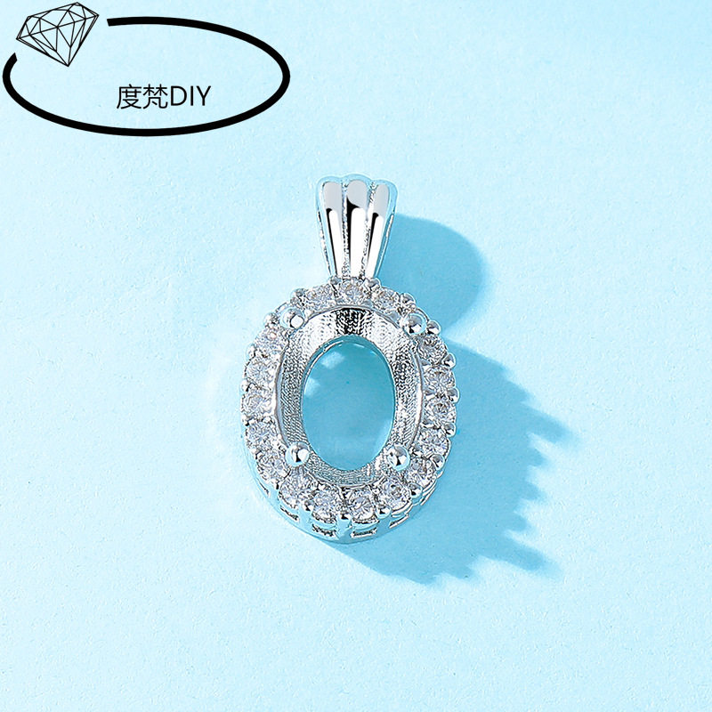 White gold plated full diamond oval copper pendant holder air holder DIY inlaid jadeite huaz diamond simulation 925 silver pendant holder