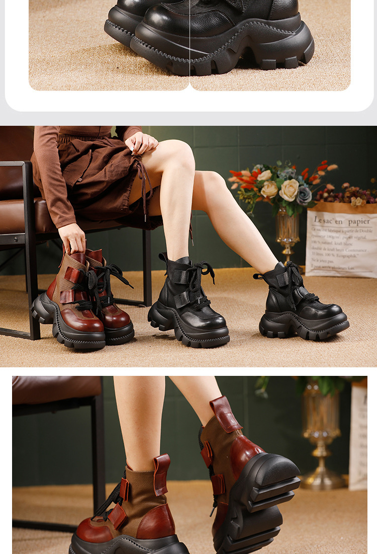 Boot nữ da bò thật cổ thấp đế dày dây buộc phong cách Martin — màu đen, màu nâu