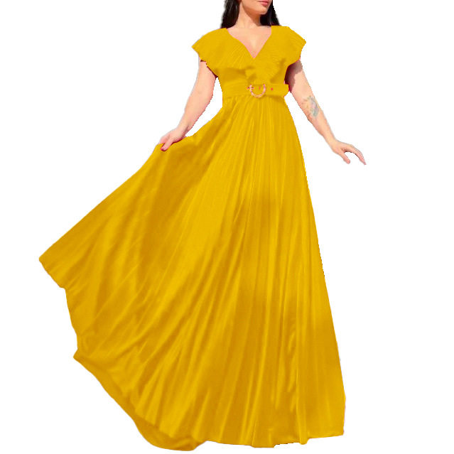 Plus Size Womens V Neck Solid Color Ruffled Hem Long Dress Elegant Pleated Design Perfect for Formal Occasions