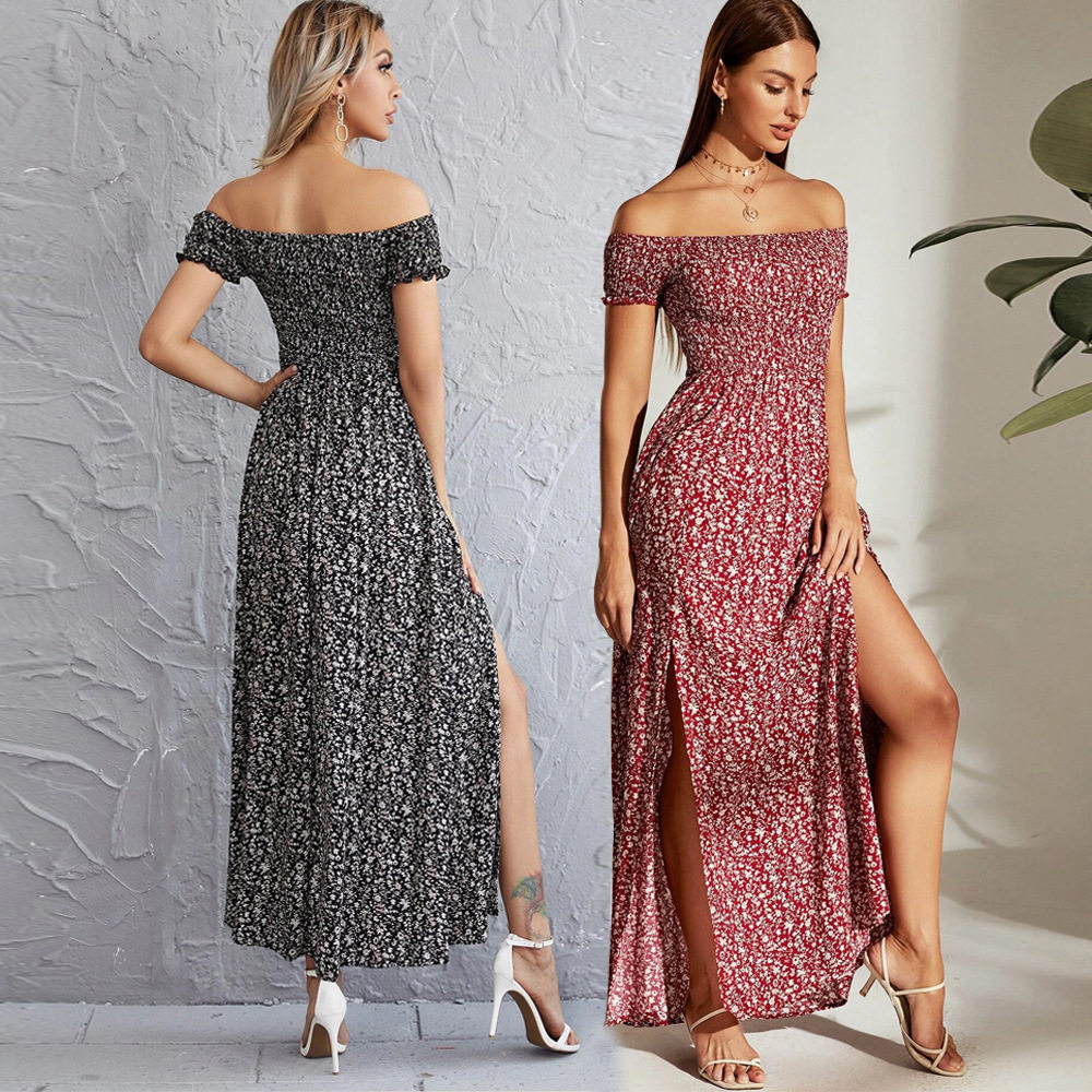 Elegant Off Shoulder Maxi Dress Floral Print Elastic Waist Flared Skirt Fashionable for Parties and Special Occasions