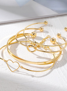 欧美跨境合金爱心打结手镯套装创意桃心爱心几何交叉手镯4件套批